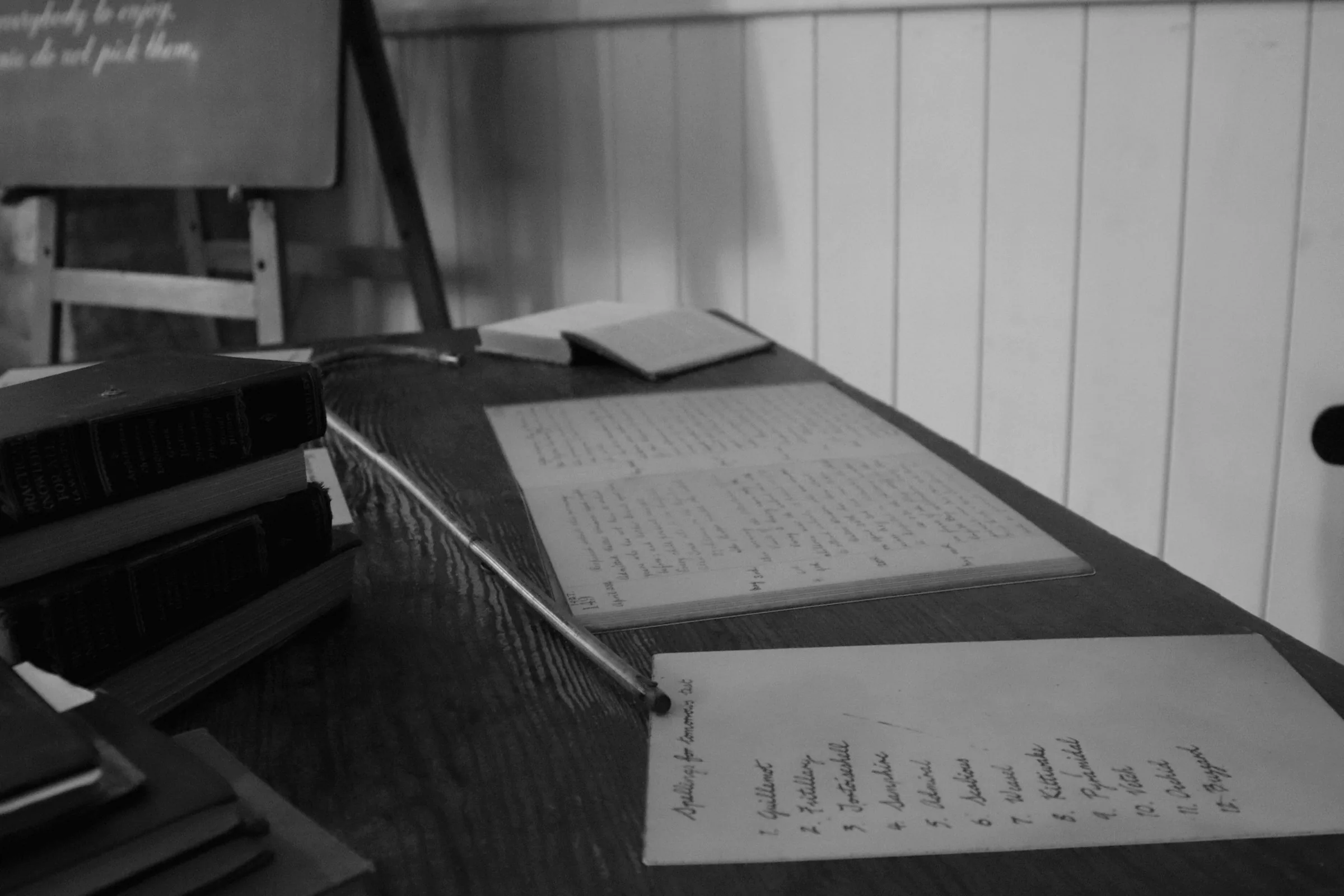 Archival document desk, editorial b&w